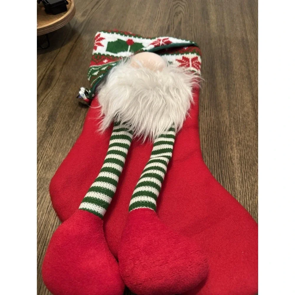 3D Gnome Christmas Stocking Long Dangling Legs Bell Accent and Beard Full Size - Picture 5 of 5